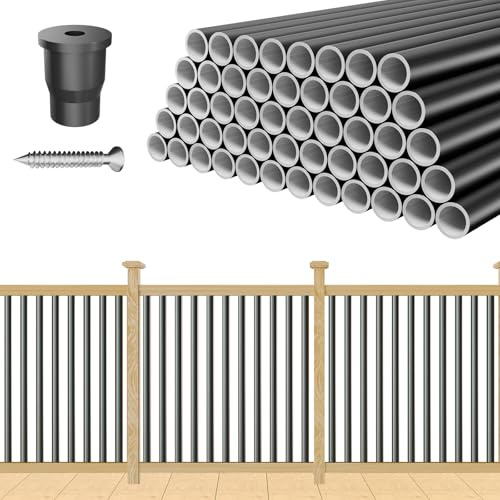 TOCRETOARE 50 Pack 32 Aluminum Deck Balusters, Balusters for Deck Railing, 3/4 Diameter Hollow Round Black Metal Deck Spindles for Deck Railing Stair Porch (50, 32)