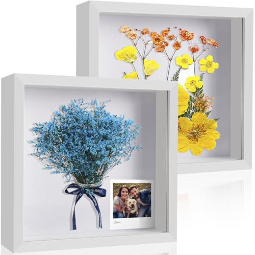 MUUKAIII 2pcs Cornice portafoto 3D - 3D Cornice Bianca 20 x 20 cm - per oggetti fino a 3 cm - Cornice Profonda per Oggetti - per Foto Bouquet di Nozze e Decorazioni Fai da T