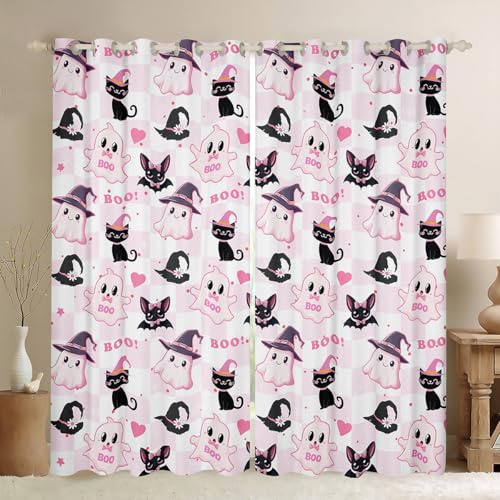 Manfei Lovely Ghost Kids Blackout Curtain,Black Cat Bat Witch Hat Halloween Mats Rugs for Girls Women,Geometric Grids Patch Pink White Window Treatments Grommet Top 2 Panel Set,52Wx63L inch