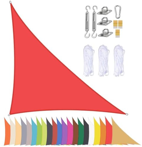 Wasserfestes dreieckiges Sonnensegel, für Terrasse, Garten, Outdoor, Markisen, mit 90 % UV-Schutz, Ösen und Edelstahl-Befestigungsmaterial, Rot, 5 x 5 x 7,1 m
