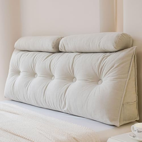 Bequemes großes Lesekissen, Rückenkissen mit Nackenrolle, mit waschbarem Bezug (Größe: 100 cm, Farbe: Beige)