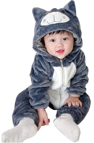 HAPNBCELE Unisex baby småbarn sparkdräkt med huva overall djur tecknad onesie för pojkar flickor vinter höst outfit, Mörkgrå katt, 66CM