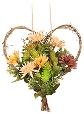 Spring Wreath Rattan Chrysanthemum Flowers Artificial Hanging Heart Floral Garland for Door Wall Decoration