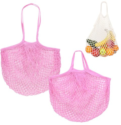 M METERXITY 2-Pack Cotton Mesh Bag for Fruits/Vegetables Shopping, Pink | Reusable, Washable, Net String, Grocery Bags, Produce, Tote, Long & Short Handle