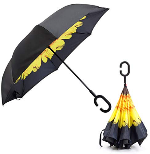 Uqezagpa Regenschirm mit C-förmigem Griff, doppellagig, UV-Schutz, faltbar, umgekehrt