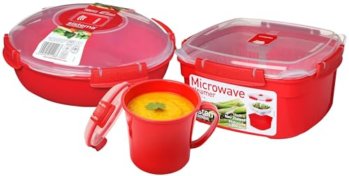 Sistema Mikrowellen-Set bestehend aus drei Artikeln | Ultra Sque Suppenbecher 656 ml, Dampfgarer 2,4 l mit herausnehmbaren Gareinsatz & Mikorwellenschüssel 1,29 l mit Dampfventil | BPA-frei | rot