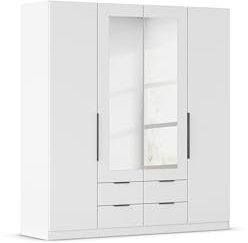 Rauch Möbel Belfast Kleiderschrank, Schrank, Garderobe, Organizer, 4-türig, mit Spiegel, 4 Schubladen für mehr Stauraum, Farbe Weiß, Kurze Griffleisten Grau metallic, 181x197x54cm