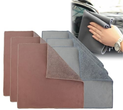 Juego de 6 toallas de coche de terciopelo coral de gamuza de doble cara, microfibra de 500 g/m² for aplicación de cera y limpieza de salpicadero interior sin agua.(Grey+Coffe,11.81in x 11.81in)
