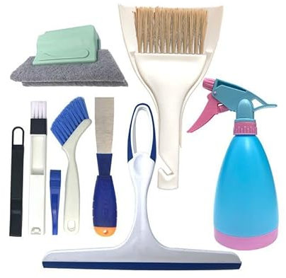 10PCS Window Cleaner Tools Set with Window Wiper, Spray Bottle, Microfiber Cloth, Scraper, Hard&Soft Brushes, Gap Cleaner - for Windows, Glass, Tracks, New Home Deep Cleaning