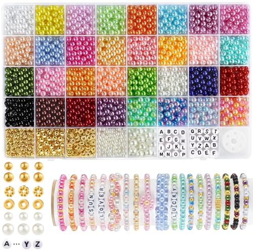Funtopia 2085 Stück Perlen, 32 Farben 6mm Farbige Perlen für Armbänder | Pearl Set mit Goldenen SpacerPerlen & Buchstabenperlen, Schmuckherstellung und Armbänder Selber Machen,DIY Halskette Ohrringe