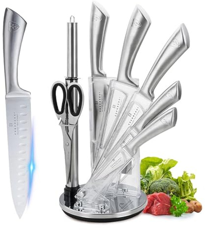 Kitchen Knife Set, 9-Piece Silver Sharp Non-Stick Coated Chef Knives Block Set,Stainless Steel Knife Set for Kitchen with Sharpener for Cutting Slicing Dicing Chopping (Silver)