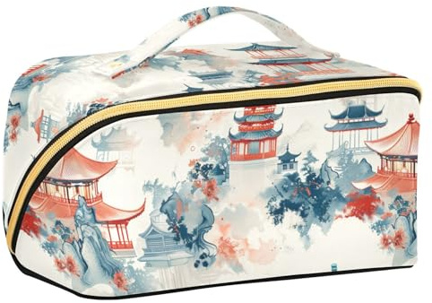 sanluoli Chinese Ink Painting Pavilion Cosmetics Bag with dividers Zipper Capacity Travel Cosmetic Bag Travel-Size Accessories