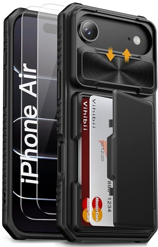 Vihibii för iPhone Air fodral med [2 x skärmskydd], kortfack (4 kort), kameraskydd glidande, reptålig robust RFID-blockerare silikon mobiltelefonfodral för iPhone 17 Air 6,5 tum 2025, svart