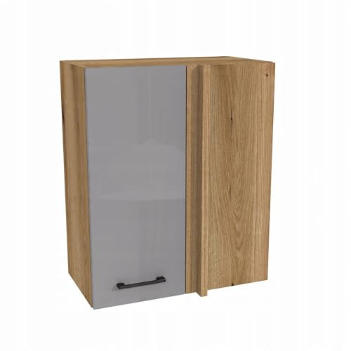 Laclar Küchen Eckschrank Capri 65x32x72cm - Eiche Evoke Korpus - Grau Hochglanz Acrylfront - Hängeschrank mit 2 Einlegeböden & Soft-Close - Modernes Design