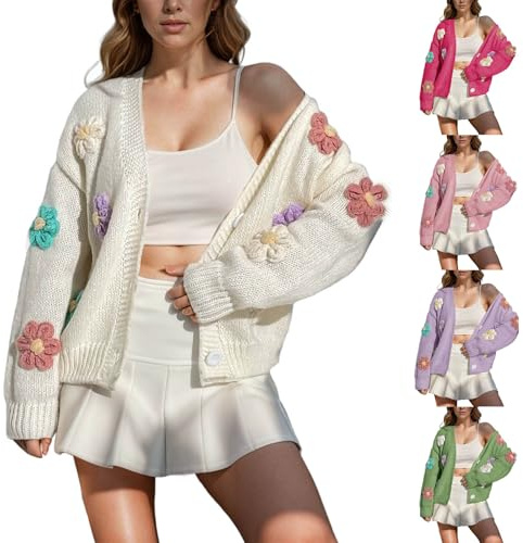 Cardigans for Women UK Flower Beauty Applique Button Long Sleeve V Neck Knit Fashion Sweater Elegant Embroidery Comfort Cardigan Tops Long Sleeve Warm Cardigan Women Pockets White XL