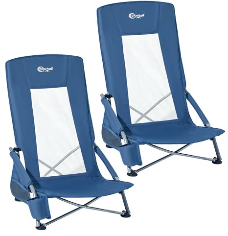 Portal Strandstuhl klappbar mit Hochlehner leicht Campingstuhl faltbar 150KG niedrig atmungsaktives Gewebe Faltstuhl tragbar mit Tragetasche Getränkhalter für Strand Garten Wandern