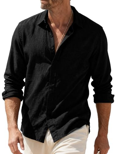 GLESTORE Leinenhemd Herren Hemd Langarm Freizeithemd für Männer Langarmshirt Hemden Schwarz L
