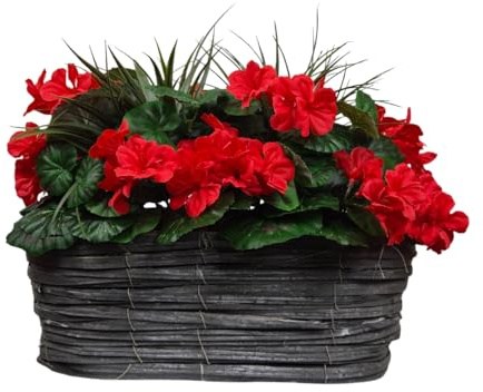 GreenBrokers Artificial Red Geranium Flowers & Lemon Grass in Rounded 40cm Rectangle Grey Wash Willow Basket - Faux Silk - UV Protected