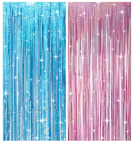 4 Stücke Gender Reveal Party Deko Glitzernder Vorhang für die Enthüllungsparty Rosablaue Luftschlangen zur Geschlechtsenthüllung für die Dekoration einer Gender-Verkündungsparty(1 m x 2 m)