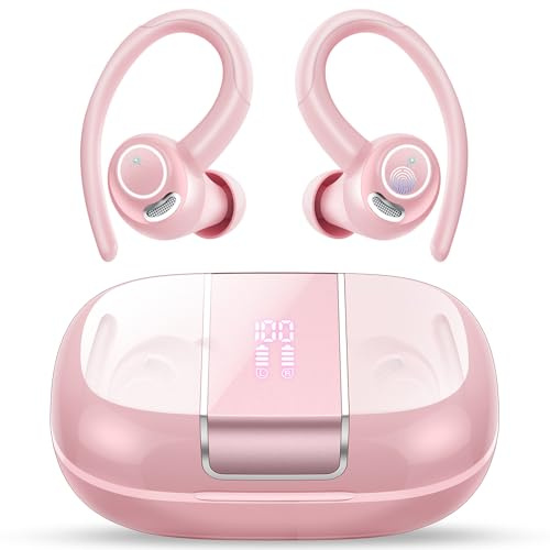 Csasan Sport Wireless Earbuds, Bluetooth 5.3 Headphones with Secure Earhooks & ENC Mic, 48H Playtime Hi-Fi Bass Ear Buds, IPX7 Waterproof Earphones for Running, Gym and Cycling, LED Display, Pink