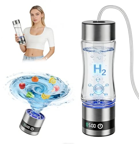 Botella de agua de hidrógeno con pantalla digital, botella de hidrógeno de vidrio portátil de 460 ml con tecnología de 5200 PPB y SPE, agua rica en hidrógeno en 5 minutos, para viajes, deportes (5200