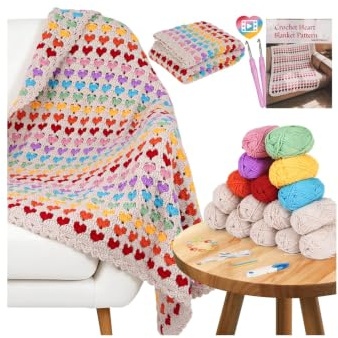 Arborthread Blanket Crochet Kit for Beginners, Crochet Heart Blanket Kit w/Premium Yarns, Detailed Video & Instructions for Adults & Kids – Featuring a Colorful Rainbow Heart Pattern and Edging