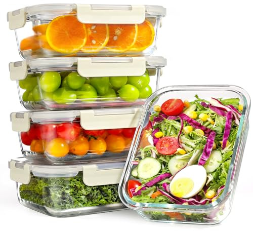 YASHE 5 Pack Glass Containers with Lids, 1040ml Thick & Durable Food Containers - Stackable Airtight Glass Meal Prep Containers, BPA-Free Food Storage for Microwave, Oven, Freezer and Dishwasher,White