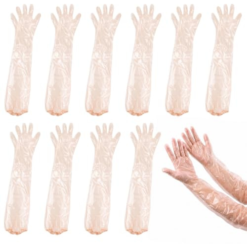 FIMJEP Lot de 10 Gants Jetables à Manches Longues et Élastiques, Gants en Film Plastique Souple avec Poignets Allongés, Transparents pour Usage Général et Professionnel