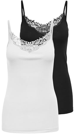 Only Nos Mujer Onlkira Lace Singlet 2 Pack Noos Camiseta sin Mangas Not Applicable, Negro (Black Pack: Black and White), Small