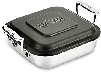 All-Clad Specialty Stainless Steel and Plastic Lid Square Covered Baking Pan 8x8 Inch Oven Broiler Safe 600F Pots and Pans Silver