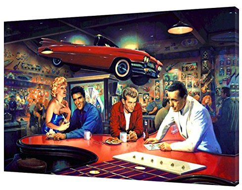 ARTSPRINTS Bild auf Holzrahmen, Motiv „Abend bei Rick 'Selvis Pressley, Marilyn Monroe James Dean Humrey Bogart“, 16 x 12 inch -18mm depth