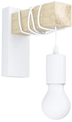 Eglo Lampada da parete Townshend, plafoniera vintage a uno punto luce, lampada da parete dal design industriale, lampada retrò in acciaio e legno, bianco, marrone, E27
