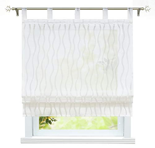 ESLIR Raffrollo mit Schlaufen Halbtransparente Küche Gardinen Landhaus Raffgardine Weiß Schlaufenrollo mit Wellenblume BxH 140x140cm1 Stück