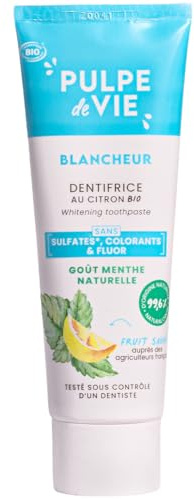 Pulpe de Vie - Dentifrice Blancheur BIO 75ml - Sans Fluor - Au Citron Upcyclé- Goût Menthe - 99,5% Naturel - Protège Dents et Gencives.