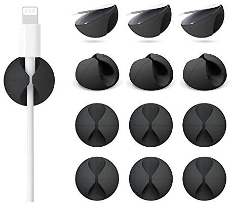 12 Pack Cable Clips, Znben Cord Organizer Holder Adhesive Cable Management Charger Wire Holder Clips for Desk, Home, Office, Car, Cubicle, Nightstand Black