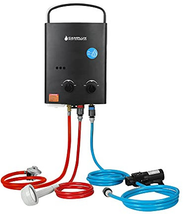 Camplux 5 litres Portable Gas Water Heater with 6L Water Pump Pack, Black