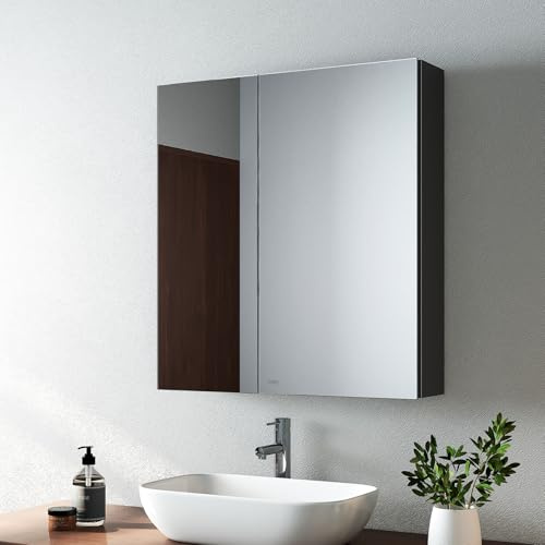 EMKE Bathroom Mirror Cabinet Double Door - Wall Mounted Bathroom Cabinet Storage Cupboard with Adjustable Shelf, Waterproof Bathroom Wall Storage Cabinets, Black 60L x 65H x 14.5D cm | Double-door mirror cabinet with adjustable shelves, double-sided mirror doors, soft-close hinges and wall-mounted design.
