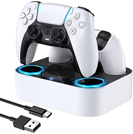 LVFAN Station de Charge Double pour manettes PS5 | Station de charge rapide avec protection intelligente, compatible avec les manettes DualSense et DualSense Edge, blanc