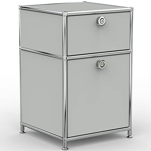 SYSTEM8X Bürocontainer 40cm mit 1 Schublade und 1 Hängeregistratur aus Metall Chrom in Lichtgrau auf Stellfüßen - Für Büro und Home-Office
