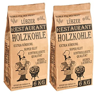 Favorit Grill-Holzkohle 12 kg (aus reinem Laubholz, extra große Körnung, langanhaltende Glut, Grillkohle in Restaurant-Qualität), 2X 6000, Schwarz