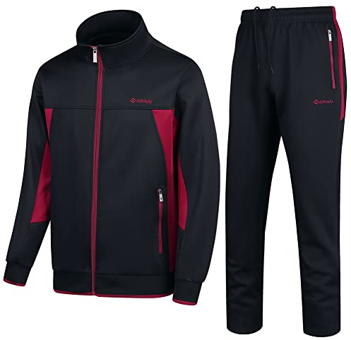 PUMPITU Survêtement athlétique décontracté à manches longues pour homme avec fermeture éclair sur toute la longueur, veste et pantalon de sport 2 pièces, noir/rouge, X-Large