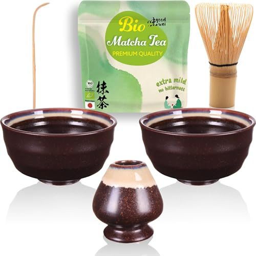 Goodwei Matcha Set Duo avec deux bols à matcha, un porte-balai à matcha en céramique et du thé matcha bio du Japon | Cérémonie du thé pour deux (Kumo)