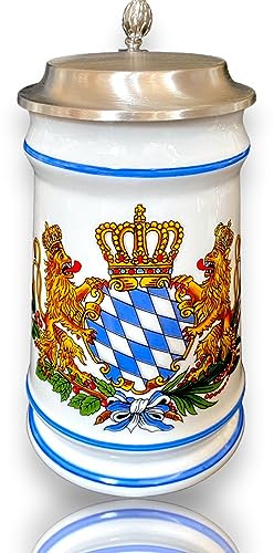 Gravuren Feller Bierkrug Bayernwappen mit Zinndeckel-Porzellankrug-Gravurfähig