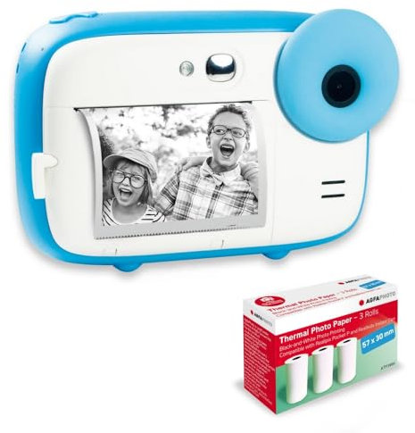 AGFA PHOTO Realikids Instant Cam + 3 rotoli di carta termica ATP3WH aggiuntivi - Fotocamera istantanea per bambini, schermo LCD da 2,4, batteria al litio, specchio selfie e filtro fotografico, Blu