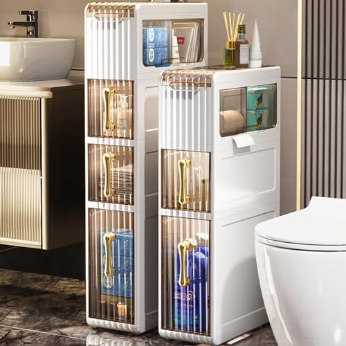 Schmaler Badschrank Standvitrine Badezimmer-Aufbewahrungsmöbel-Organizer-Einheit Toilettenpapieraufbewahrung Badregal Schlankes Eckboden-Desig Mit Transparenten Schubladen Und Rollen