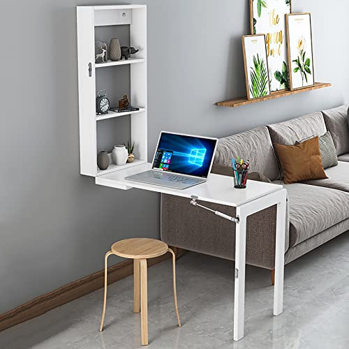 GArcan Wandmontierter Schreibtisch mit Ablagefächern, platzsparender Faltbarer Computertisch für Büro, Studium und Schreibtisch, freistehender Schreibtisch mit 3 Ebenen und Leiterregal, weiß