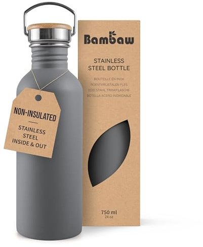 Bambaw vattenflaska i rostfritt stål 750 ml, grå vattenflaska, icke-isolerad vattenflaska, 750 ml metallvattenflaska, BPA-fri vattenflaska, läckagesäker vattenflaskor, återanvändbar vattenflaska