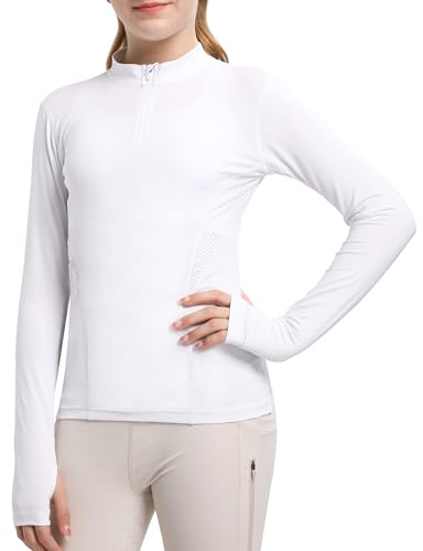 FitsT4 Sports Girls Long Sleeves Shirts Thumbhole English Horse Riding Shirt UPF50 Quick Dry Kids Equestrain Half Zip Jacket White Small