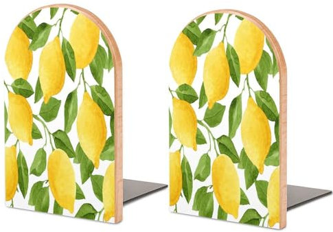 Quteprint Buchstützen aus Holz für Regale, Schreibtisch-Buchstützen, 2 Stück, Aquarell-Zitronenbaumblätter, dekorativ, Büro, Zuhause, Schule, Buchhalter, robuste Buchstopper für Filme, Bücher, Größe M
