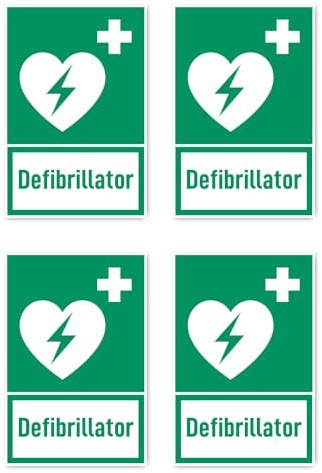 Aufkleber: 112.5x75 mm, 4 Stück - Automatisierter Externer Defibrillator (AED) - Rettungszeichen mit Text (deutsch) (grün/weiß) - hochkant - E010 - DIN EN ISO 7010 / ASR A1.3